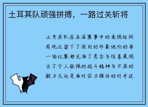 土耳其队顽强拼搏，一路过关斩将