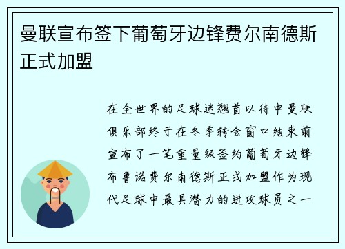 曼联宣布签下葡萄牙边锋费尔南德斯正式加盟