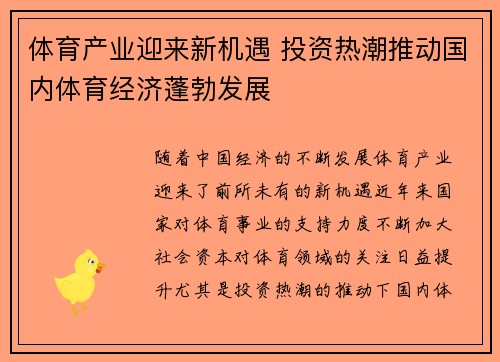 体育产业迎来新机遇 投资热潮推动国内体育经济蓬勃发展