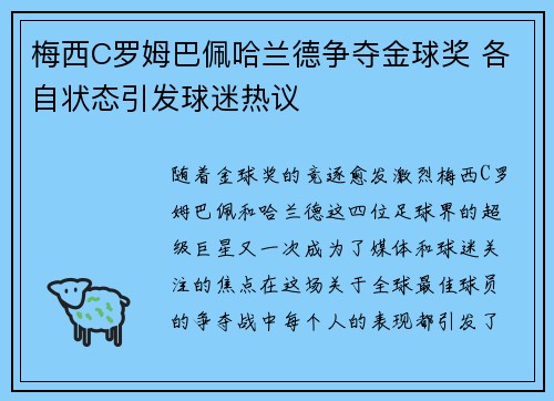 梅西C罗姆巴佩哈兰德争夺金球奖 各自状态引发球迷热议