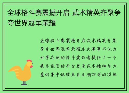 全球格斗赛震撼开启 武术精英齐聚争夺世界冠军荣耀