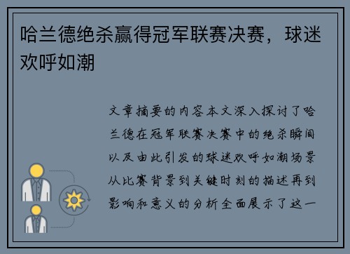 哈兰德绝杀赢得冠军联赛决赛，球迷欢呼如潮