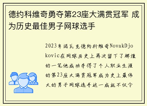 德约科维奇勇夺第23座大满贯冠军 成为历史最佳男子网球选手